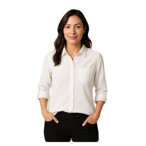 DENVER HAYES Cotton‎ Button-Up Shirt Roll Tab Sleeves Stripes White Sz M NWOT